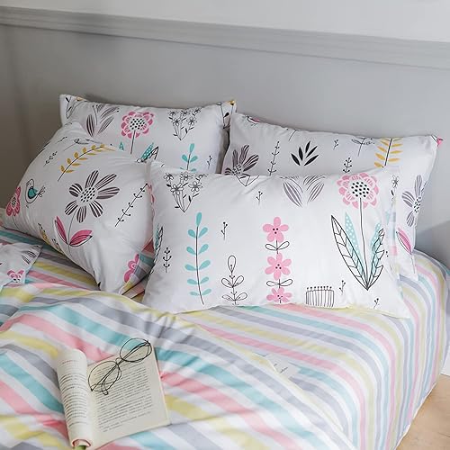 Miniatura 6 de HighBuy Juego de ropa de cama con estampado floral, funda de edredón tamaño matrimonial, funda de edredón de algodón para niñas, juego de ropa de