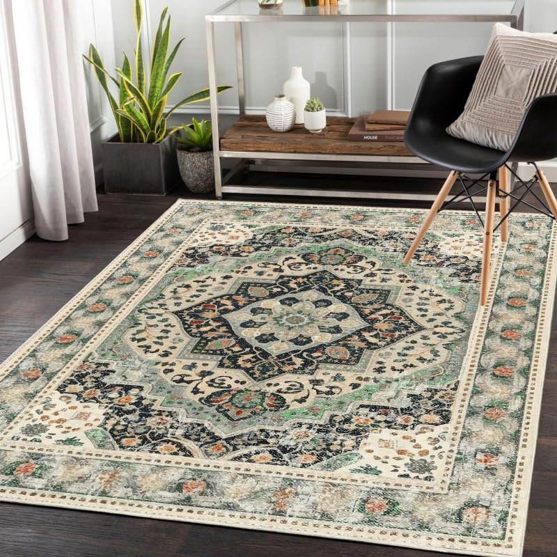 Poowe Alfombra verde floral lavable, estilo bohemio, elegante, diseño desgastado, no desprende pelusa, fácil cuidado, ideal para zonas de alto tráfico en sala de estar, dormitorio, oficina, cocina,