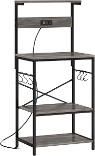 SUPERJARE Kitchen Bakers Rack with Power Outlet, Coffee Bar Table 4 Tiers, Kitchen Microwave Stand with 6 S-Shaped Hooks, Kitchen Storage Shelf Rack for Spices, Pots and Pans - Charcoal Gray