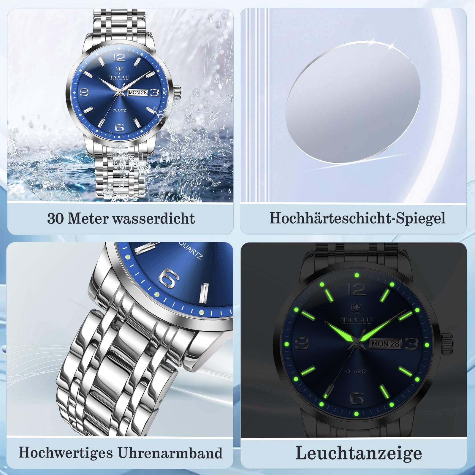 Taxau Armbanduhr Herren Analog Quarz wasserdichte Luxus Business Edelstahl Herrenuhren Multifunktion Leuchtdatum Elegantes Geschenk