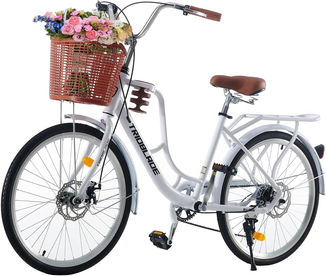 LSLIFE Damen Fahrrad mit Korb 24/26in 7 Geschwindigkeit Stadt Fahrrad Frauen Mädchen Komfort Fahrrad Leichter Rahmen Hybrid ScheibenbremsenLeichtes Pendlerrad Retro Fahrrad Urban Bike
