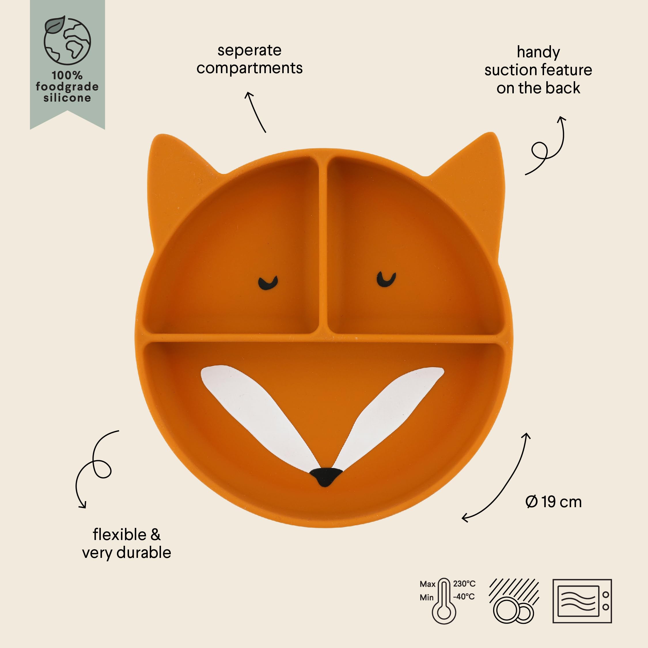 Trixie Baby Trixie 96-4XX Silicone Plate with Suction Cup and Compartments for Babies and Children (Mr. Fox (Fox)), 96-4XX - Image 3