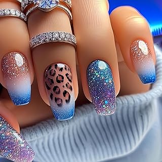 24 Stück Nägel zum Aufkleben Mittel Eckig, Ombré Blau Lila Pailletten Press on Nails, French Leopardenmuster Acryl Fake Nails, Wiederverwendbar Künstliche Nägel für Frauen Mädchen