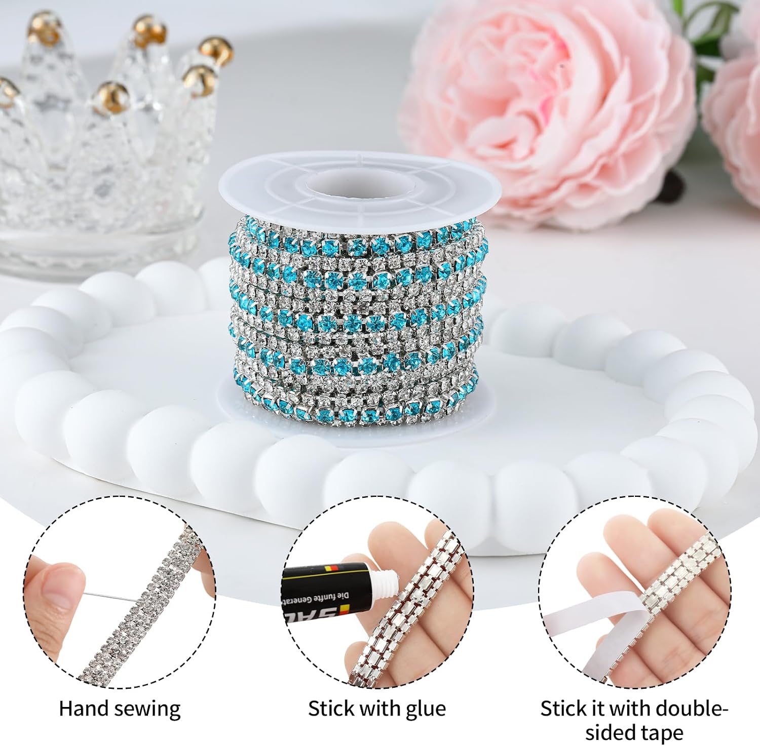 3 Yards 3 Rows Rhinestone Trim, Crystal Close Chain for Crafts, Wedding Bouquet Clothing, DIY Decorations (Lake Blue, 3 Yards)