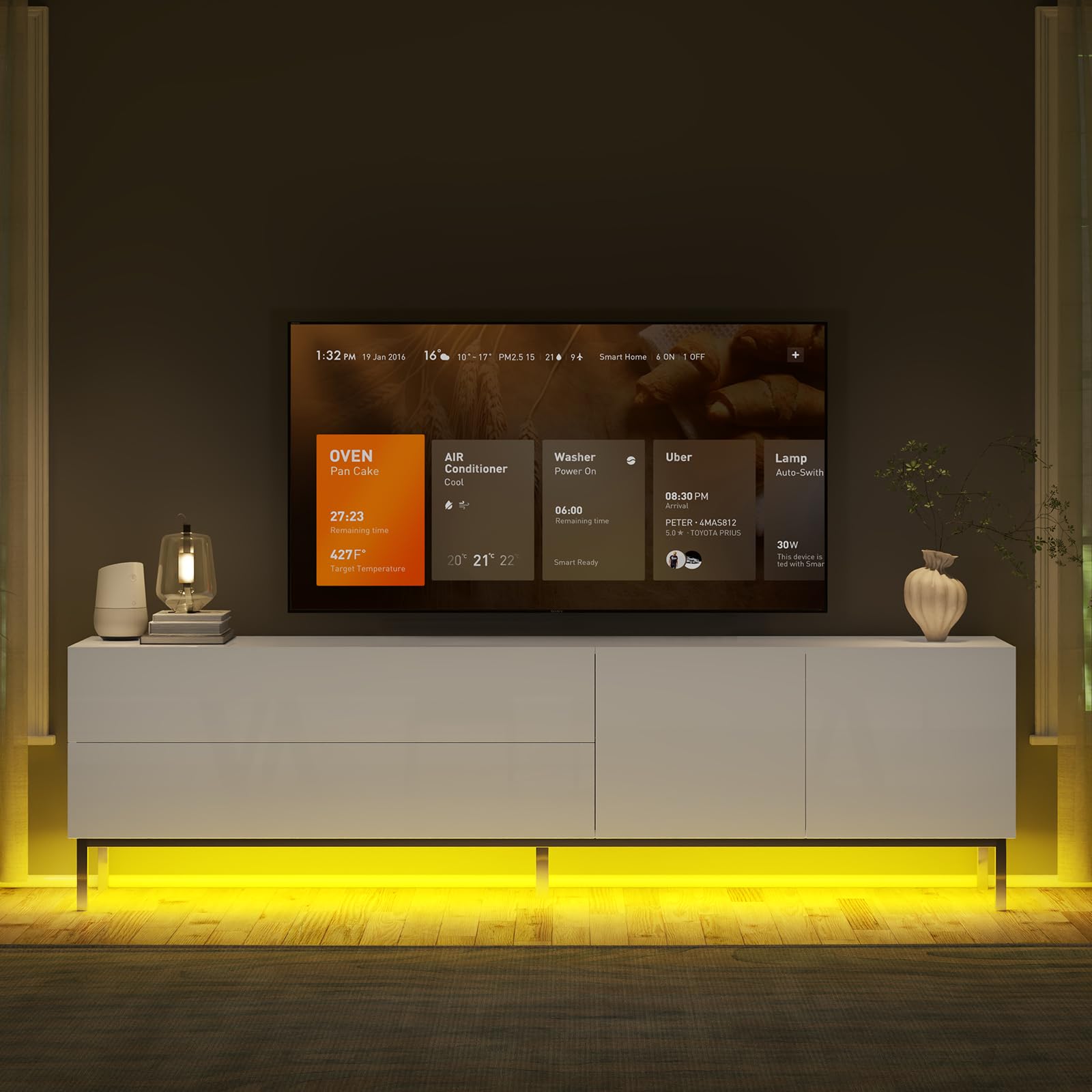 LUXOAK TV Lowboard Hochglanz Weiß mit LED, Fernsehschrank für Fernseher bis 80 Zoll, mit Schublade & Türen, 160 x 40 x 54.5cm, verchromten Füßen für Wohnzimmer & Schlafzimmer