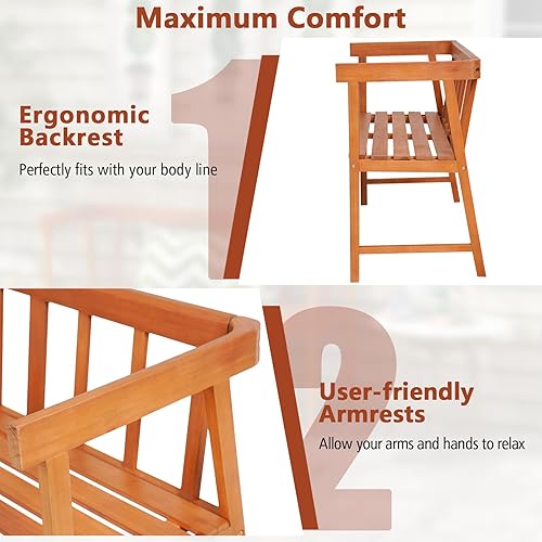 Miniatura 6 de HAPPYGRILL Banco de madera para exteriores, banco de madera para 2 personas con respaldo ergonómico y reposabrazos, marco de madera de eucalipto