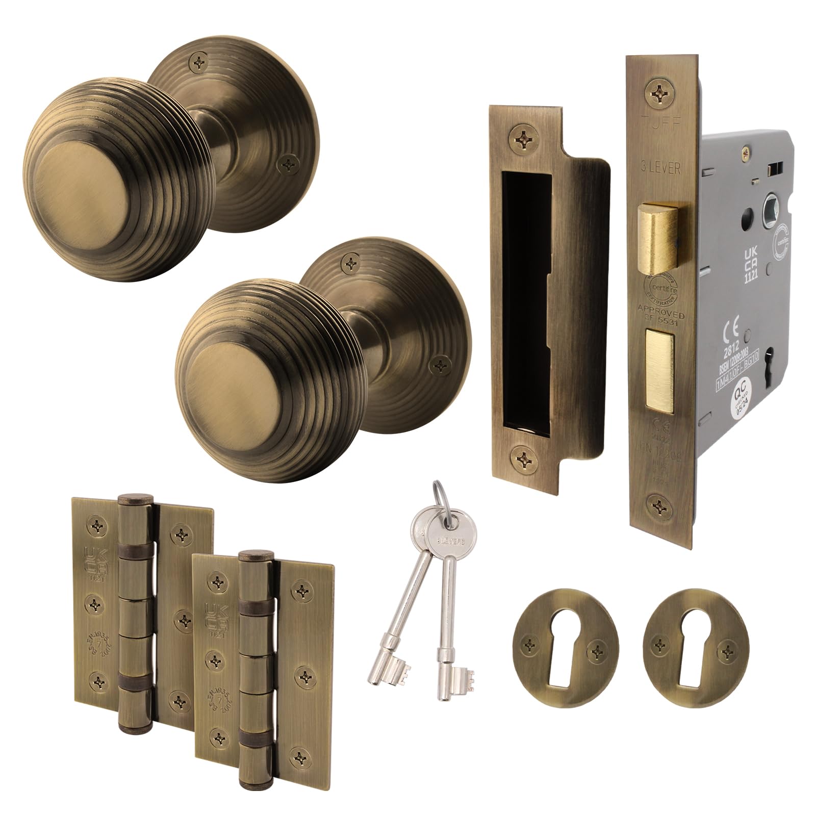 EAI Beehive Key Lock Door Knob Set Antique Brass | 1 Pair of Reeded Mortice Knobs (55mm), Sash Lock (80mm) & Hinges (76mm) for Internal Doors
