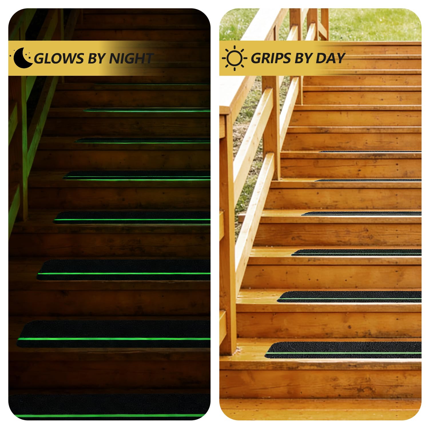 Peldaños antideslizantes para escaleras con rayas que brillan en la oscuridad (paquete de 10), cinta adhesiva abrasiva de alta fricción de alta tracción, impermeable, antideslizante, 6 x 28