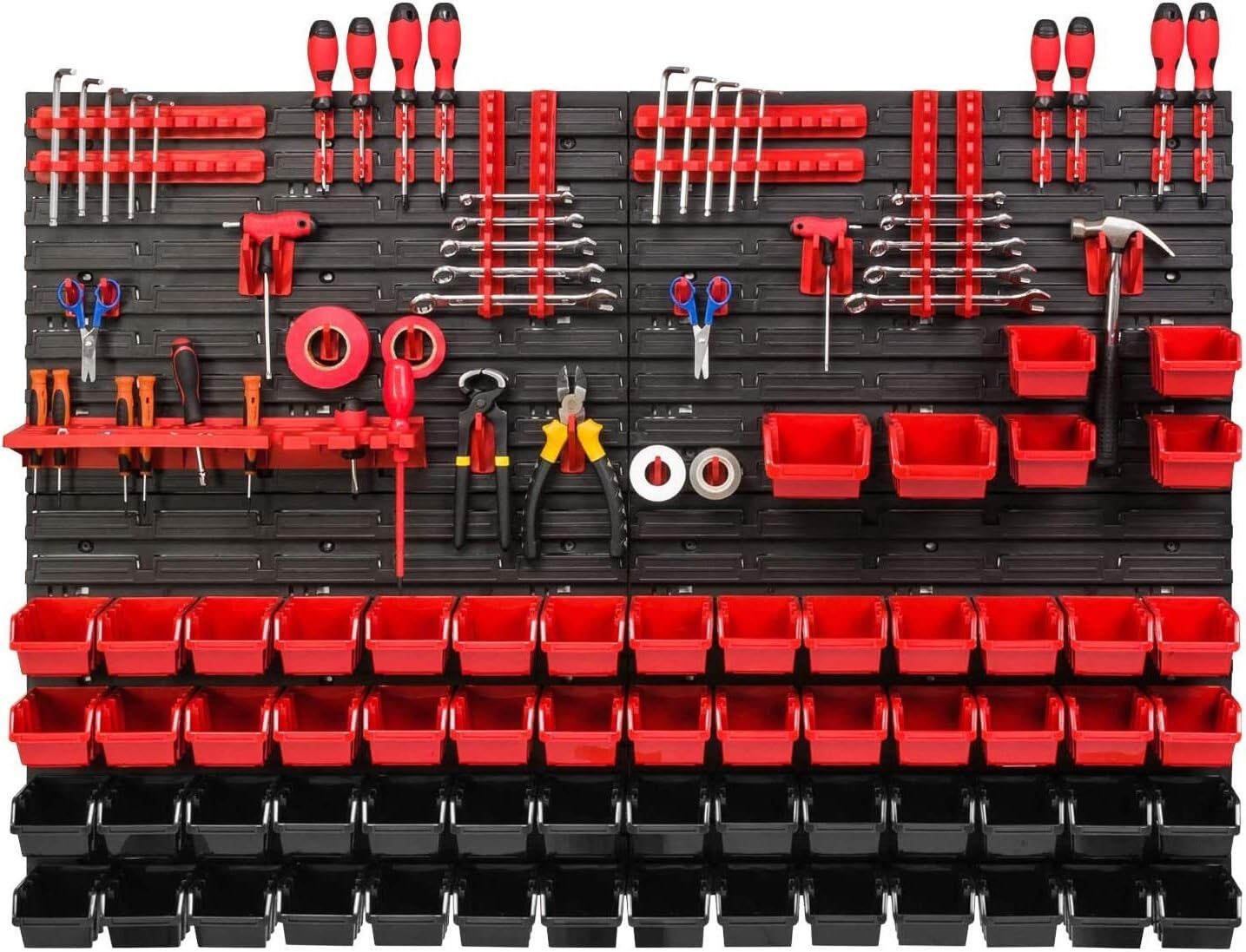 B2c Red Wall Mounted Tool Peg Board Set Garage Storage Bins Workshop Rack Shed Organiser 50 Models Various Shapes And Layouts Small Medium Large (Model 15)