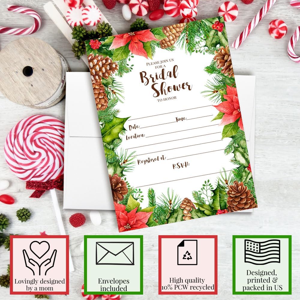 Christmas Bridal Shower Invitations with Envelopes – Rustic Poinsettia, Pinecone and Holly, 20 Pack 5x7 Double Sided Fill-In Invite Cards with Twenty White Envelopes Perfect for Holiday Bridal Shower