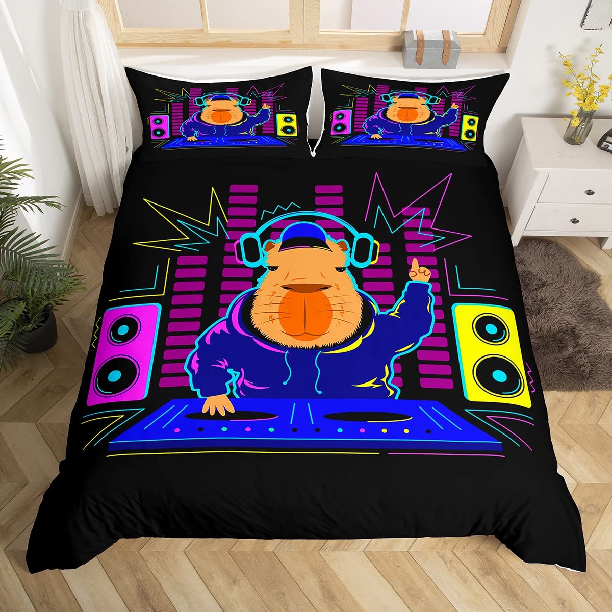 Cartoon Capybara Duvet Cover Set Double Size, Music Theme Comforter Cover with 2 Pillowcases