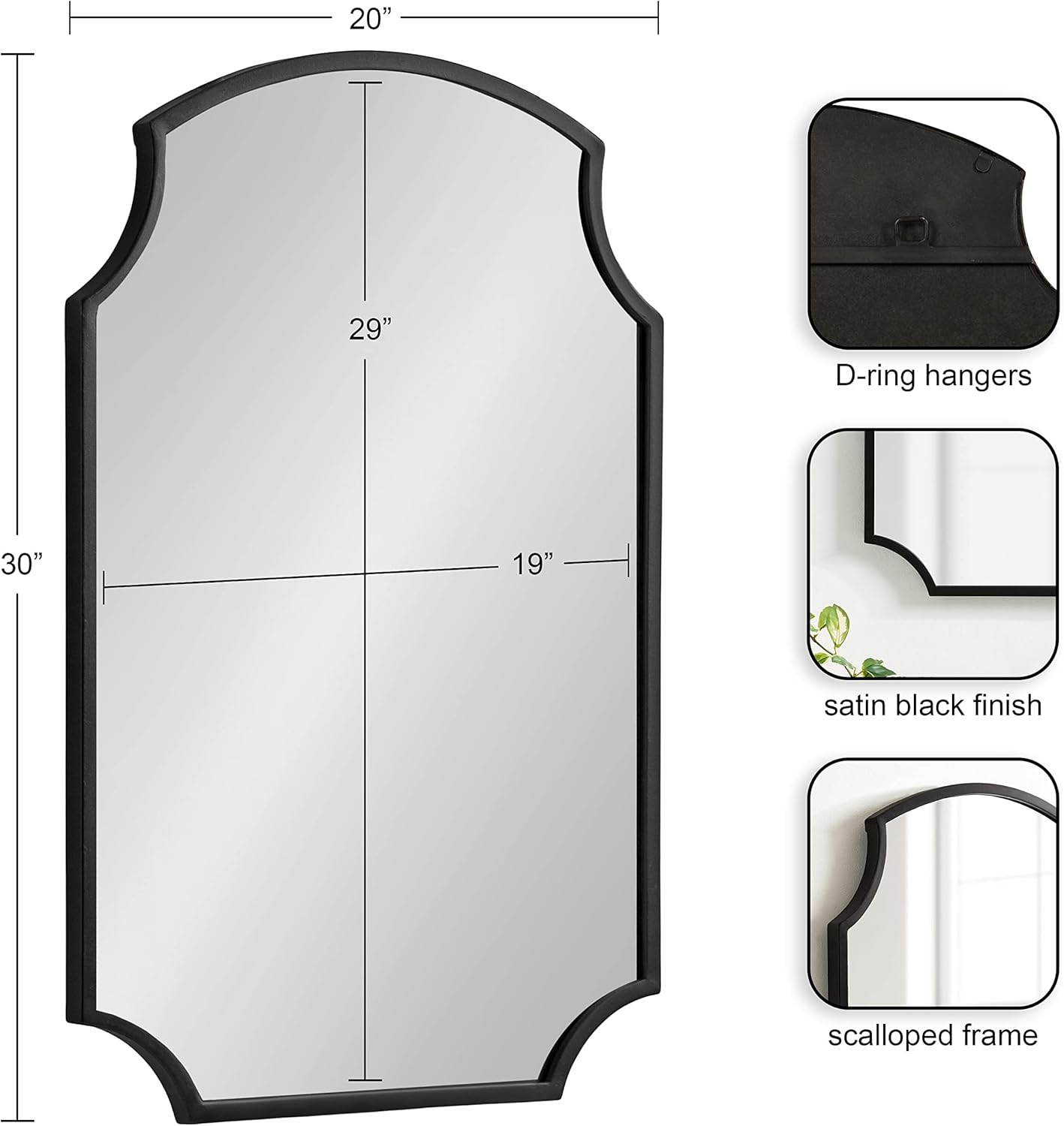 Kate and Laurel Carlow Modern Scalloped Mirror; 20 x 30; Black; Glamorous and Contemporary Decorative Wall Mirror with Scalloped Corners and Rounded Edges