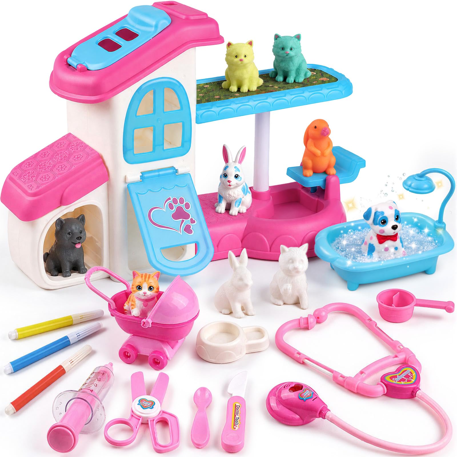 vamei Pet Figure Playset Pretend Play Toys for Kids, Pet House with with Cat Dog Rabbit Figures Coloring Animal Craft Kit & Vet Toys, Doll House Accessories Gifts for Girls 3 4 5 6 7 8 Years Old