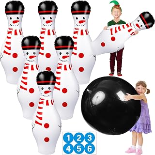 Poen 7 Pcs Christmas Giant Inflatable Bowling Set, Including 6 Pcs 27 Inches Bowling Pins and a 24 Inches Inflatable Ball Adults Outdoor Indoor Family Party