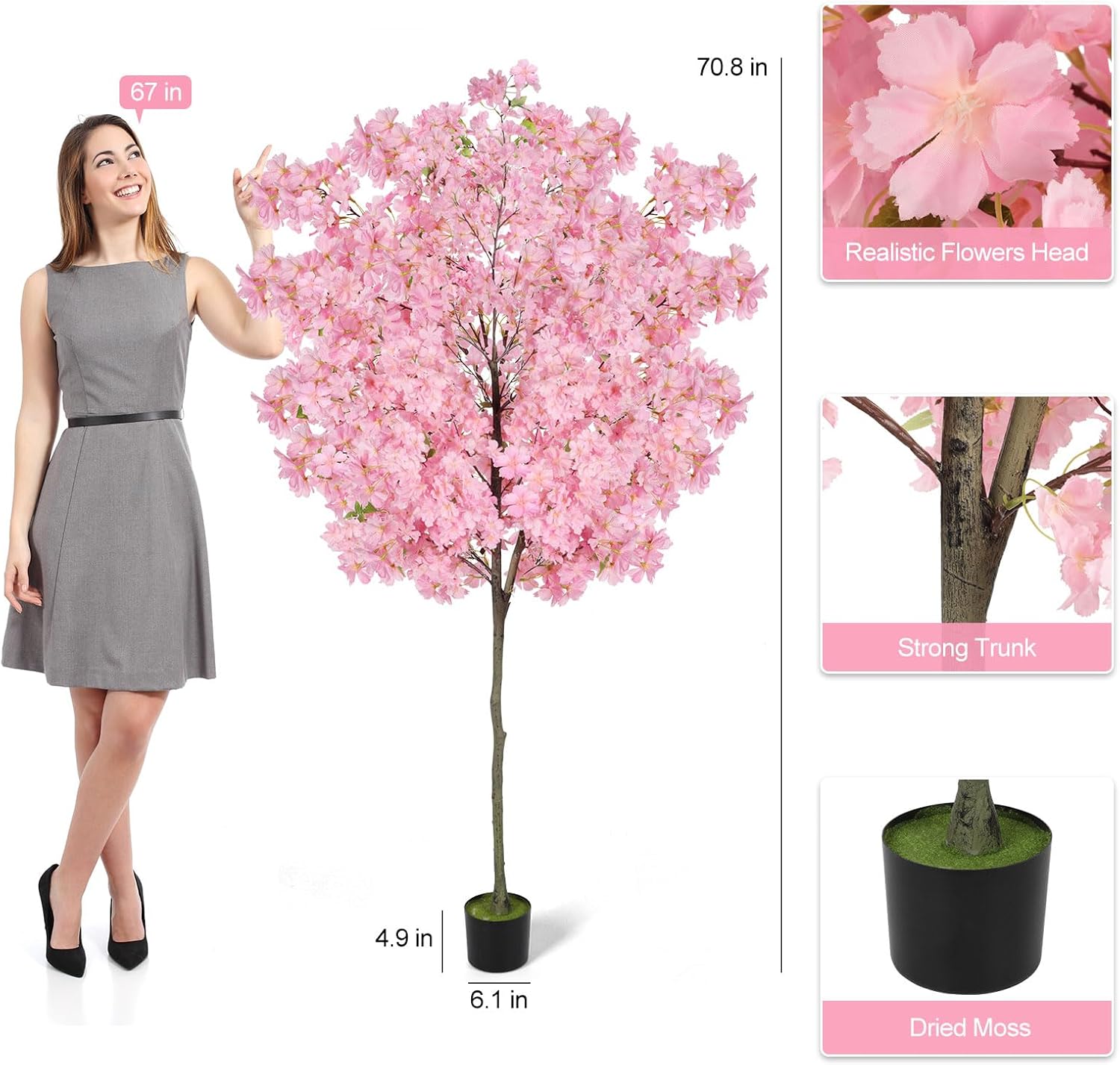 6Ft Tall Cherry Blossom Artificial Tree,Fake Pink Cherry Blossom Tree,Lifelike Decorative Plant in Pot for Indoor/Outdoor, Christmas, Garden,Home Office Dec
