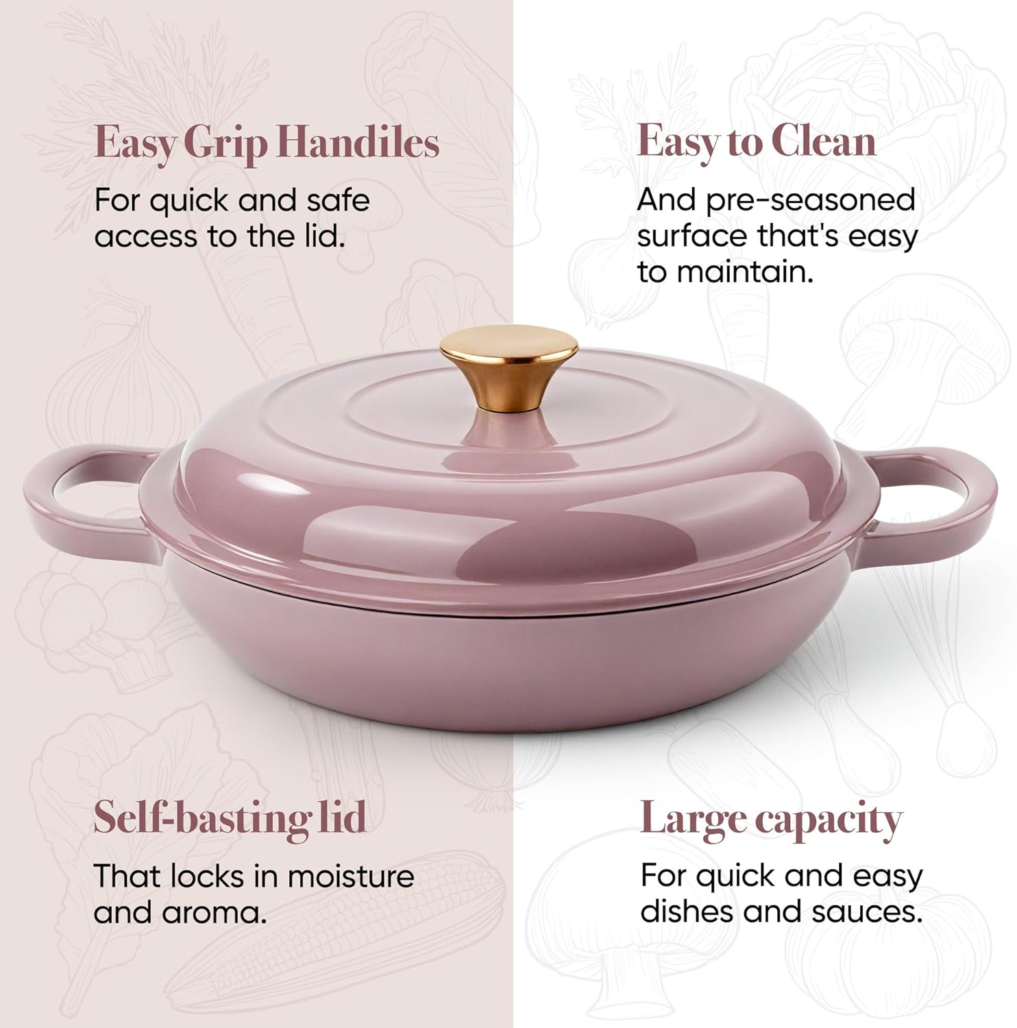 Vintage Style 3 Quart Enameled Cast Iron Braiser, Non Stick Enameled Cast Iron Skillet with Lid, Dutch Oven Skillet with lid up to 500°F for Oven, Stove, Grill, Shallow Dutch Oven for Cook, Bake (Pink) - Image 7