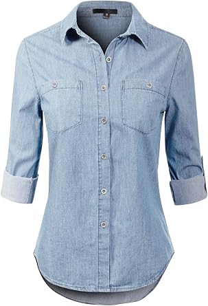 Design by Olivia Womens Basic Classic Roll up Sleeve Button Down Chambray Denim Shirt S-3XL Medium Denim 3XL