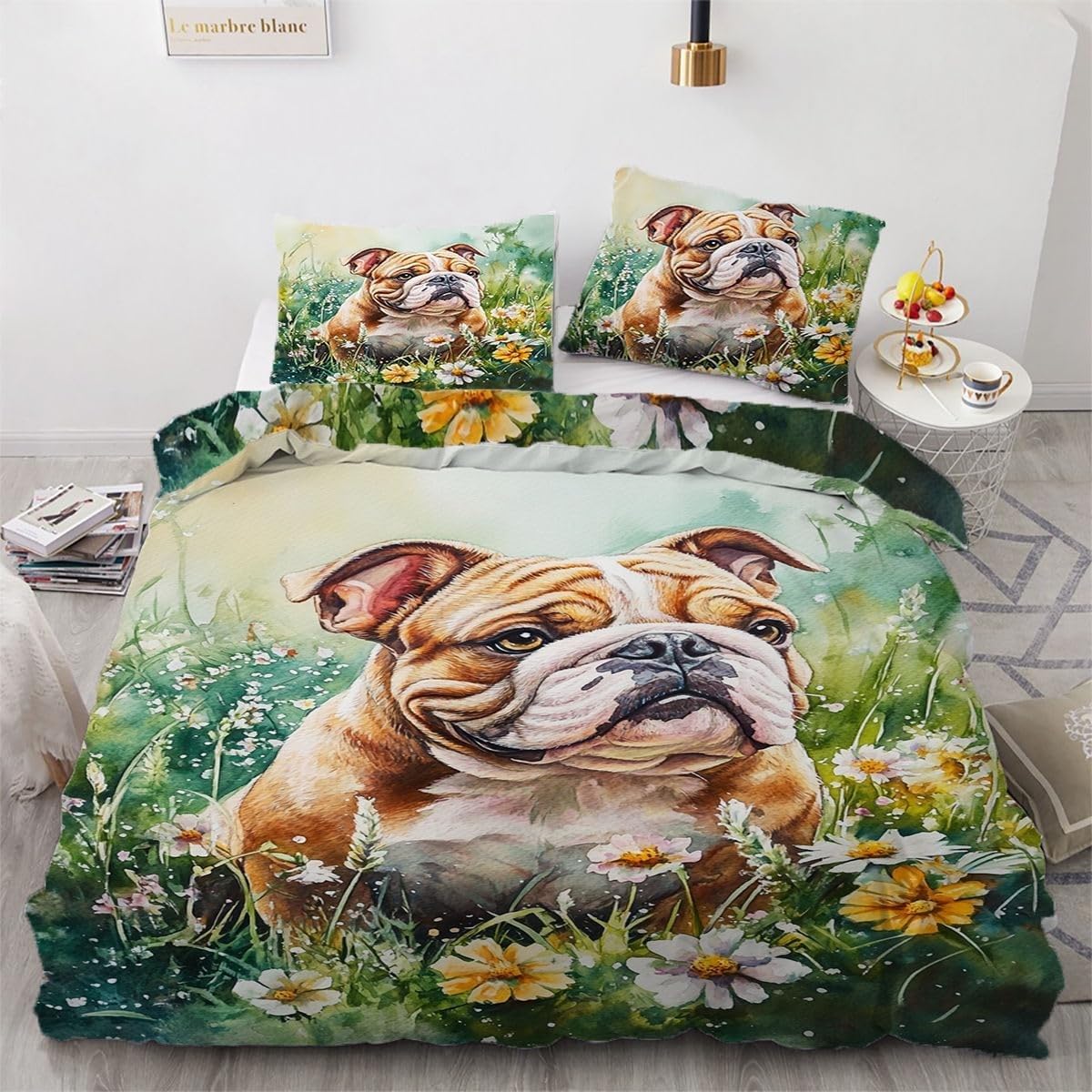 Housse de couette 220x240 bouledogue français zippée anti-pli pour lit adulte