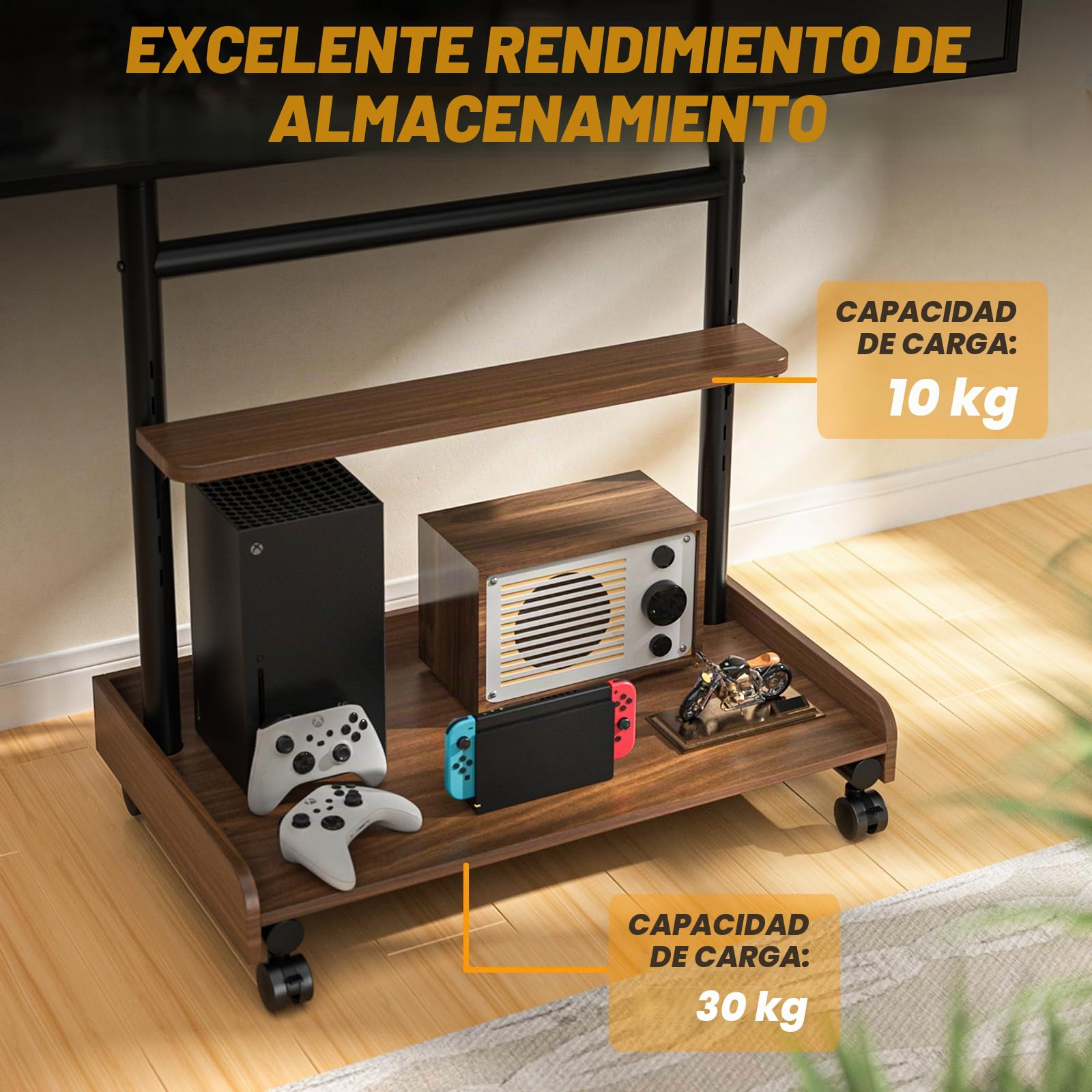 TVON Soporte de TV con Ruedas para 40-86 Pulgadas hasta 68 KG Nogal | Soporte TV Suelo base madera, Soporte TV Pie Altura Ajustable, Amplio almacenamiento, montaje fácil, máx. VESA 600 x 400 mm