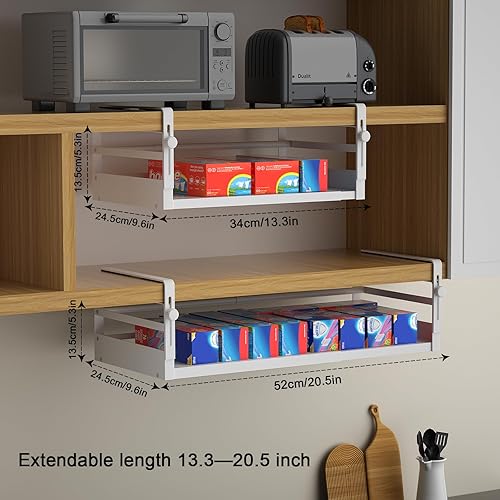 Miniatura 2 de Paquete de 2 cestas organizadoras debajo del estante, almacenamiento ajustable debajo del gabinete, longitud del soporte colgante elástica de 13 a
