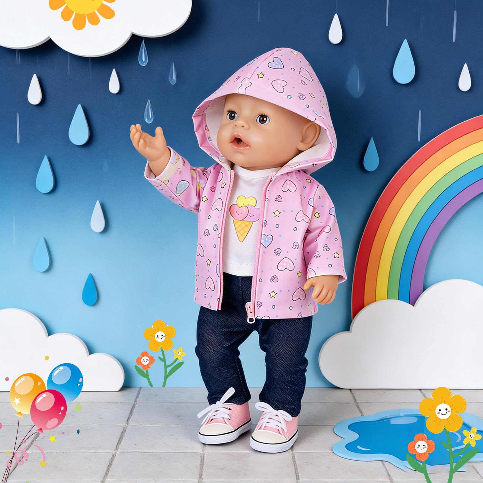 Puppenkleidung für 35-43 cm Newborn Baby Puppen, 4 Stück Magisches Regenmantel Puppenkleidung mit Regenjacke mit Kapuze, T-Shirt, Hose, Schuhe & Kleiderbügel, Baby Puppen Zubehör - 5