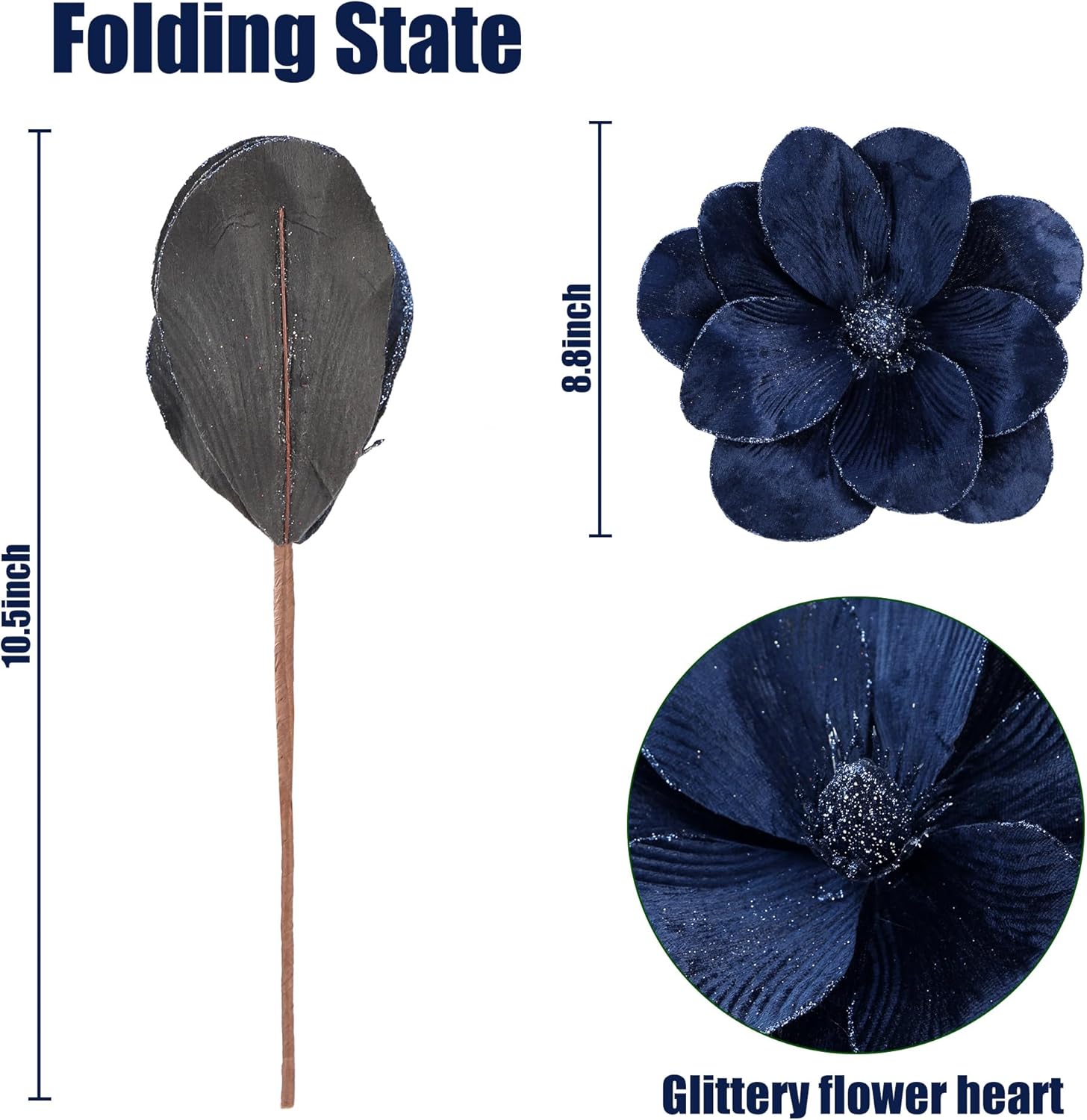 Sggvecsy 10Pcs Christmas Glitter Flowers Velvet Magnolia Flower Christmas Tree Ornaments Artificial Poinsettia Floral Picks for Xmas Wedding DIY Crafts Wreath Party Floral Decorations(Blue)