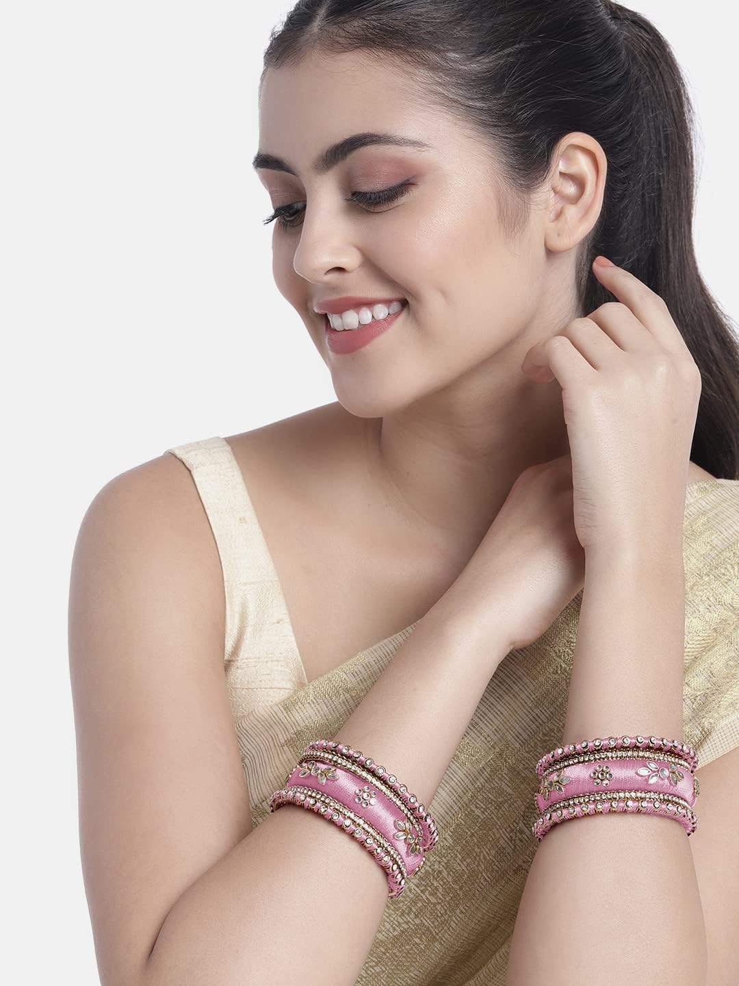 Aheli Silk Thread Kundan Studded Chura Chuda Bangle Set Gift for Women (2.8 inch, Light Pink) - Image 3