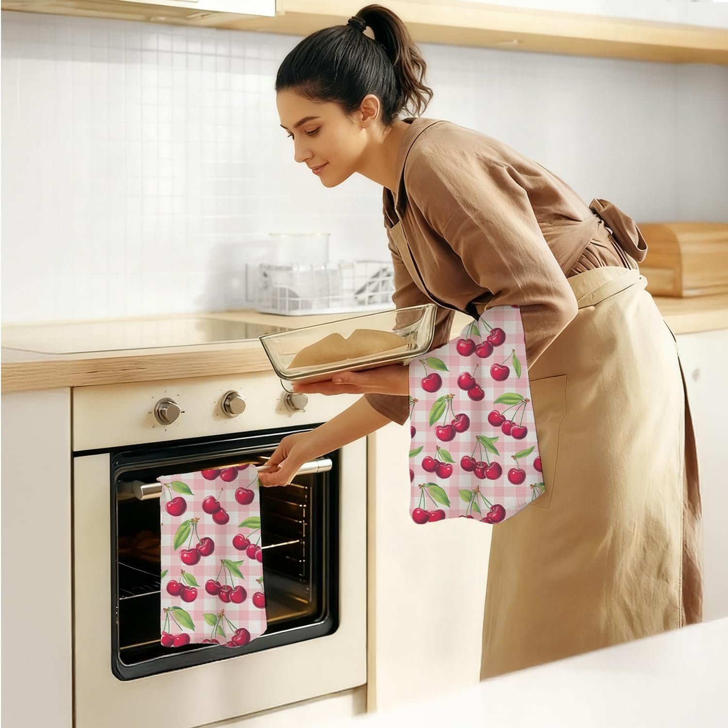 Pink Plaid Cherry Fruit Kitchen Dish Towels, Cherry Gifts for Women, Pink and White Gingham Check Cherries Decorative Hand Tea Towels for Kitchen Bathroom, 16x24 Inch - Image 7