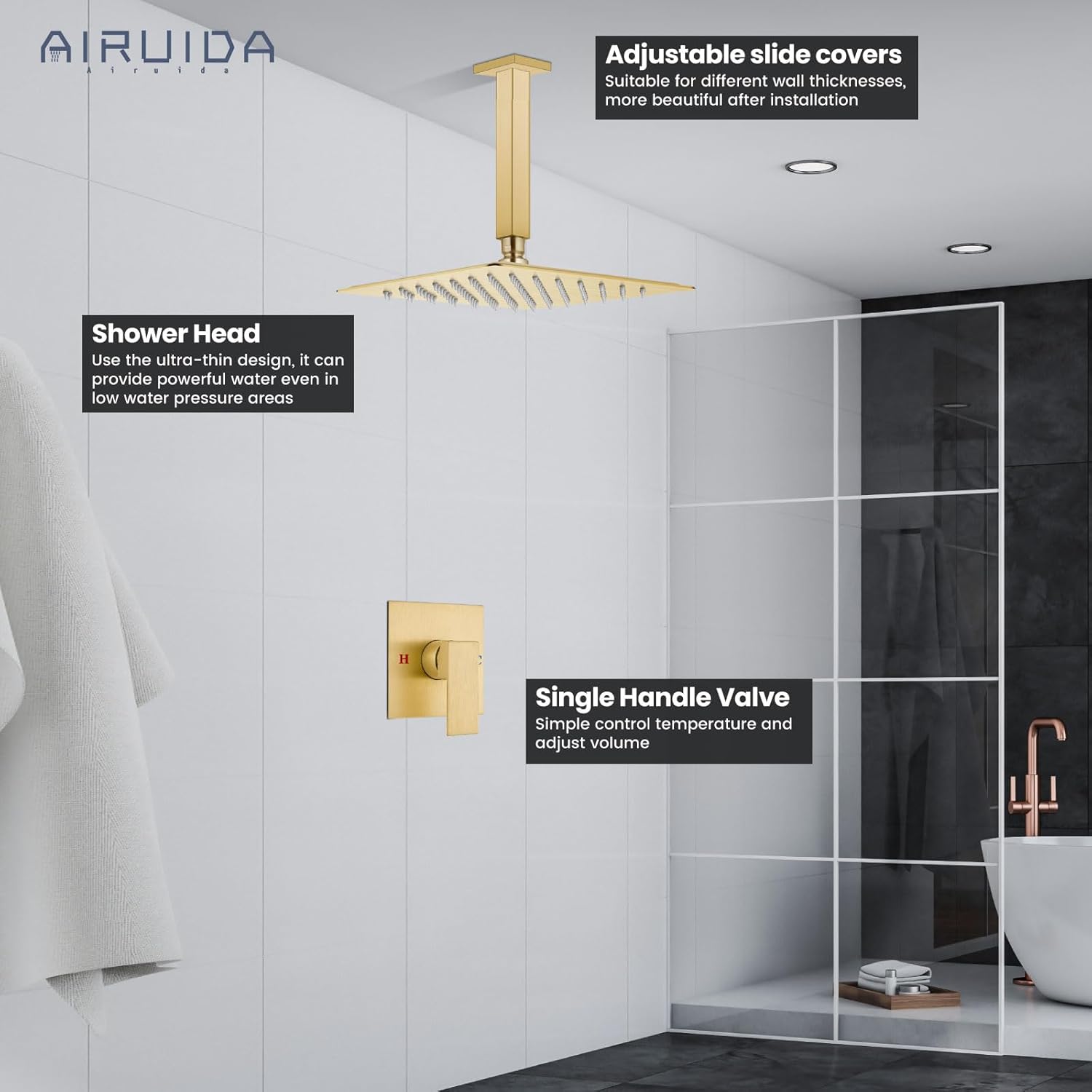 Airuida Shower Faucet Set and Handle Set Single Function Shower Trim Kit Ceiling Mount Rainfall Shower System with Male Threads and Rough-in Valve 12 Inch Square Shower Head Brushed Gold