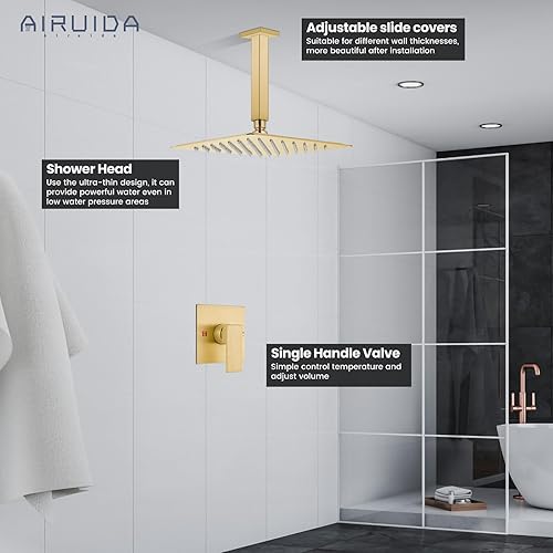 Vista 50 de Airuida Juego de grifo de ducha y mango de una sola función, kit de molduras de ducha de montaje en techo, sistema de ducha de lluvia con roscas