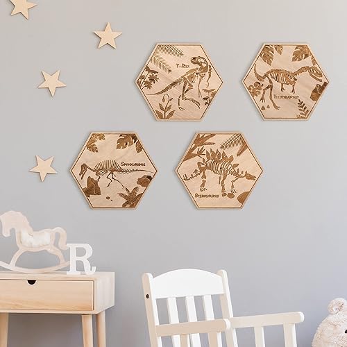 Miniatura 1 de Maitys 4 piezas de decoración de pared de dinosaurio para niños de 5.1 x 5.9 pulgadas, arte de pared de dinosaurio de madera para niños, guardería,