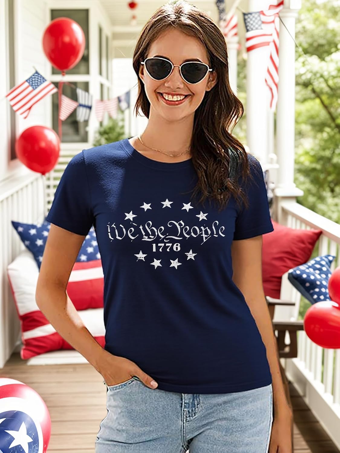 Womens American Flag Shirt Short Sleeve USA 4th of July Flag Tops Loose Patriotic T-Shirts S-XXL