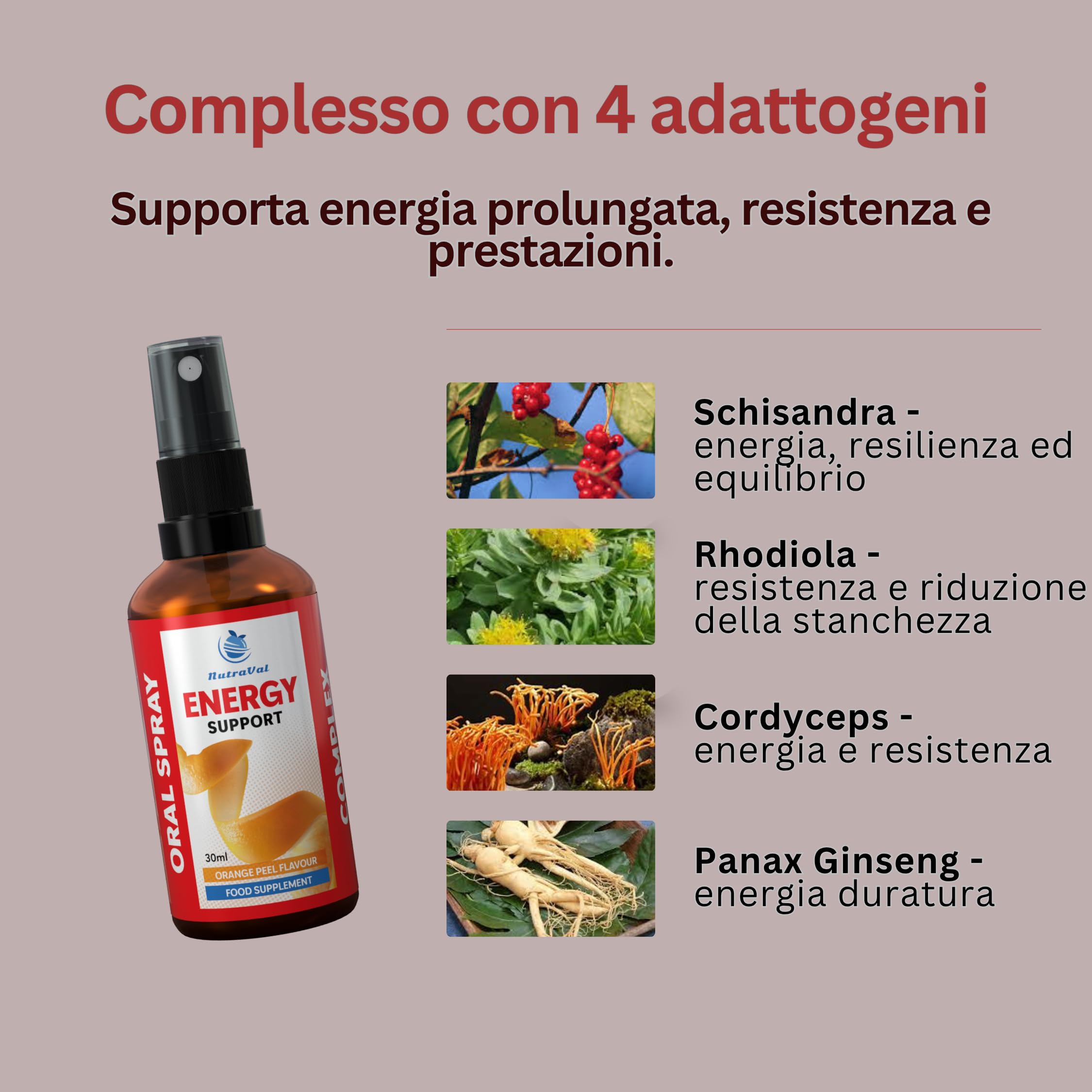 Spray Orale Energia – Assorbimento rapido – senza compresse – con Cordyceps, Rhodiola, Ginseng e Schisandra – Contro la stanchezza e per più energia – Vegano, 30 ml