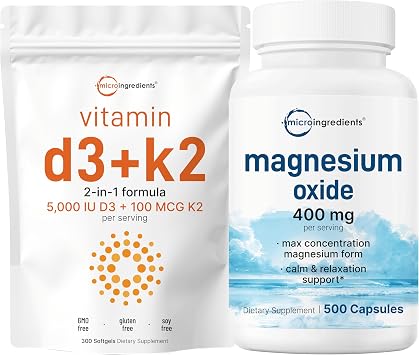 Micro Ingredients Vitamin D3 5,000iu + K2 100mcg Softgels & Magnesium Oxide 400mg Bundle Pack | Essential Sunshine Vitamins | Elemental Form for Max Concentration