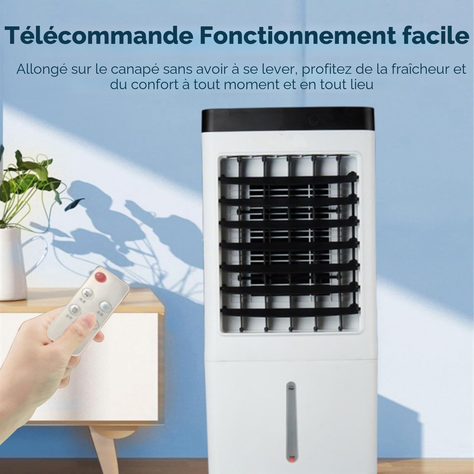 Climatiseur mobile 4 en 1 sans tuyau d'évacuation, humidificateur et purificateur d'air, refroidisseur d'air mobile avec réservoir d'eau de 10 l, télécommande, minuterie, oscillation à 120°, débit