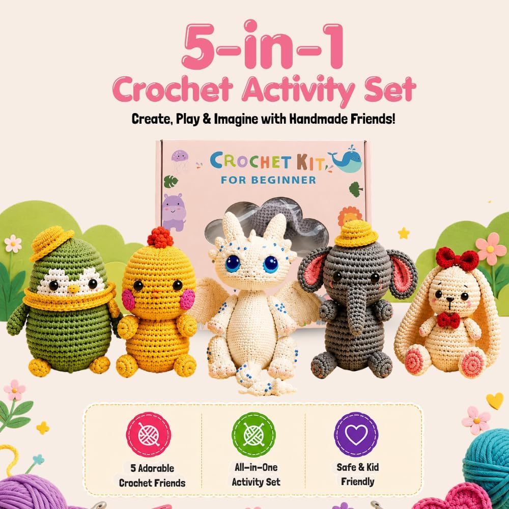Trustiqo Crochet Kit for Beginners, 5 PCS Crochet Animals Starter Kit for Kids & Adults, Complete DIY Crocheting Kit with Yarn, Crochet Hooks, Needle Felting Tools & Punch Needle Supplies