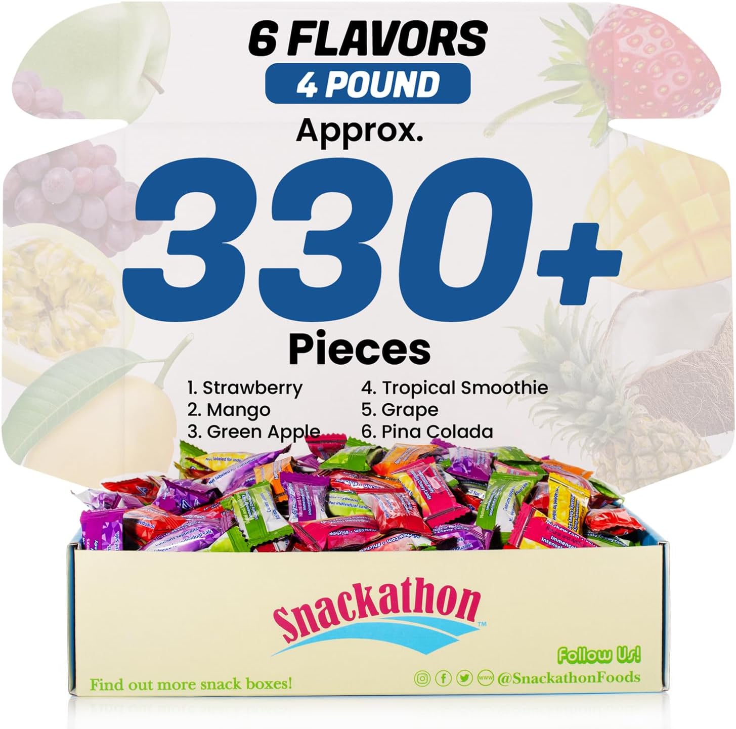 Fruit Chew 6 Flavors, Bulk 330+ Pieces, 4 Pound (Strawberry, Mango, Green Apple, Grape, Tropical Smoothie, Pina Colada) (6 Flavors, 4 Pound)