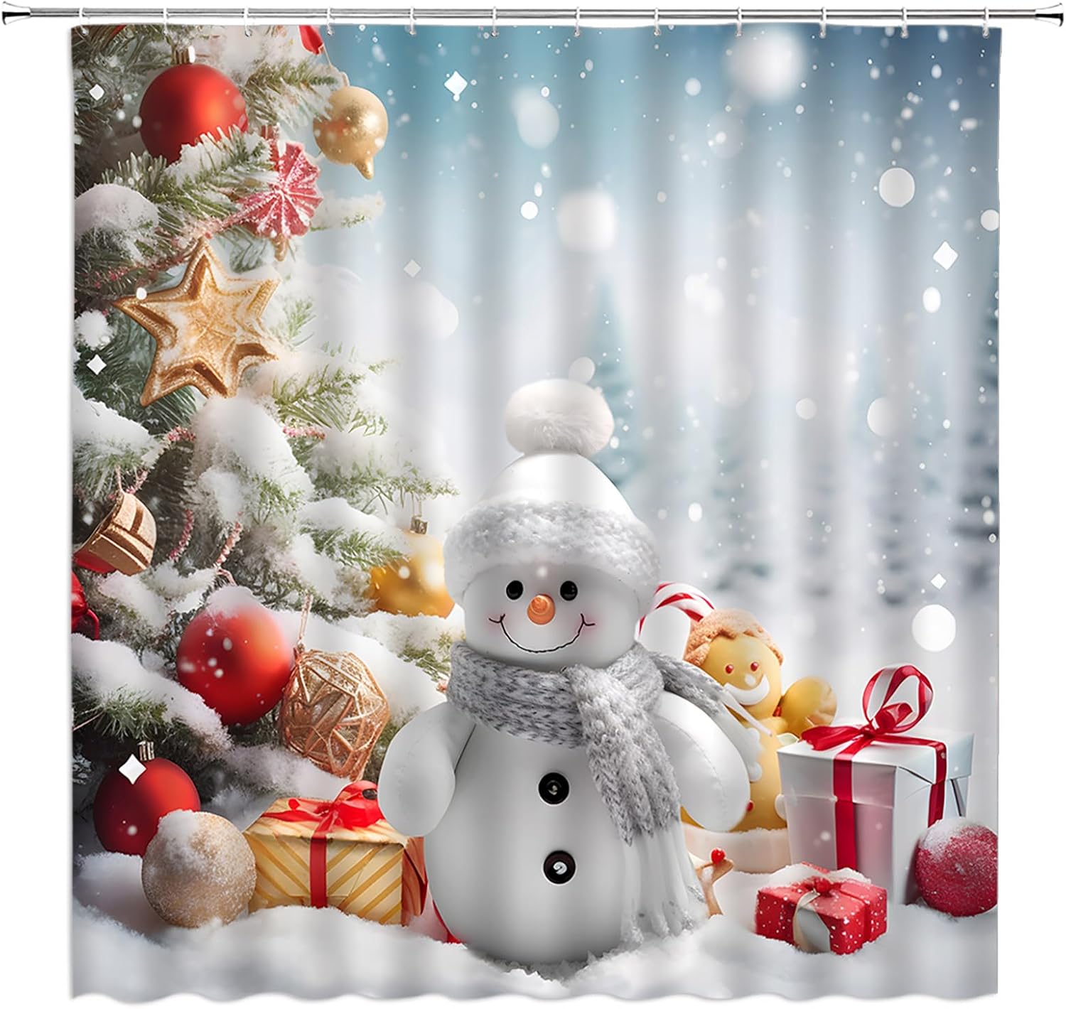 Christmas Snowman Shower Curtain Cute Snowman Xmas Tree Colorful Balls Snowy Winter Holiday Happy New Year Fabric Bathroom Decor Curtains with Hooks,White
