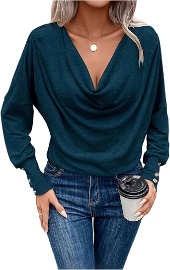 Cowl Neck Tops for Women V Neck Long Sleeve Blouses Dressy Casual Work Tops Trendy Formal Ruched Shirts Fall Fashion