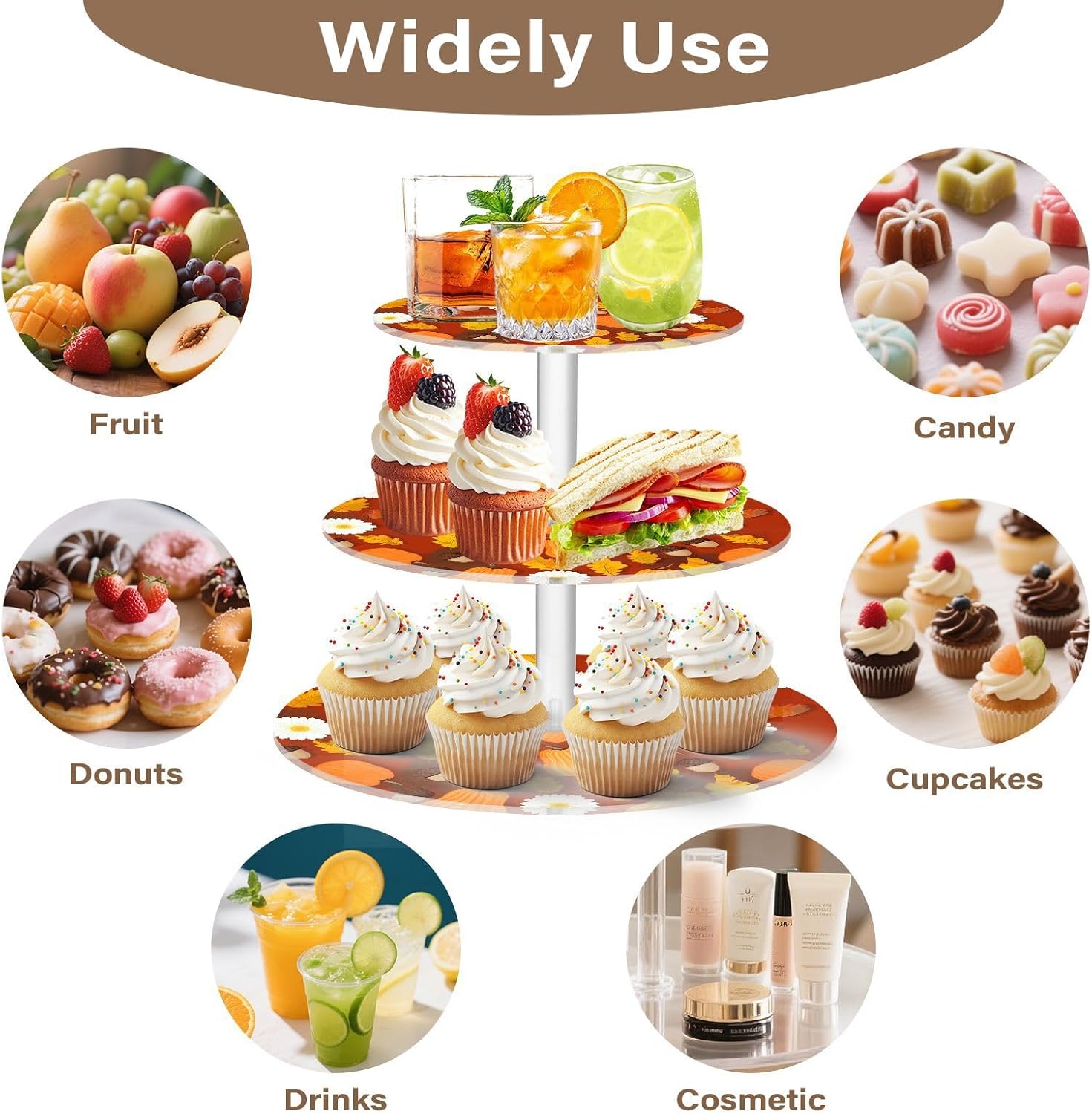 Acorn Flowers Floral Pumpkin Thanksgiving 3 Tier Acrylic Cupcake Stand, Cupcake Stand for 34 Cupcakes for Weddings, Christmas,Holidays,Parties,Birthday,Printed Cupcake Tower 23301640