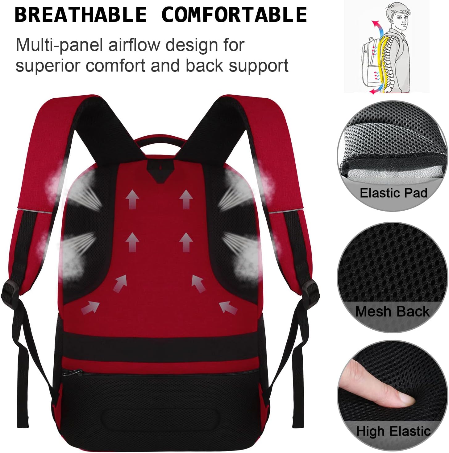 Laptop Backpack,Business Travel Anti Theft Slim Durable Laptops Backpack with USB Charging Port,Water Resistant College Computer Bag for Women & Men Fits 15.6 Inch Laptop and Notebook-Red - Image 5