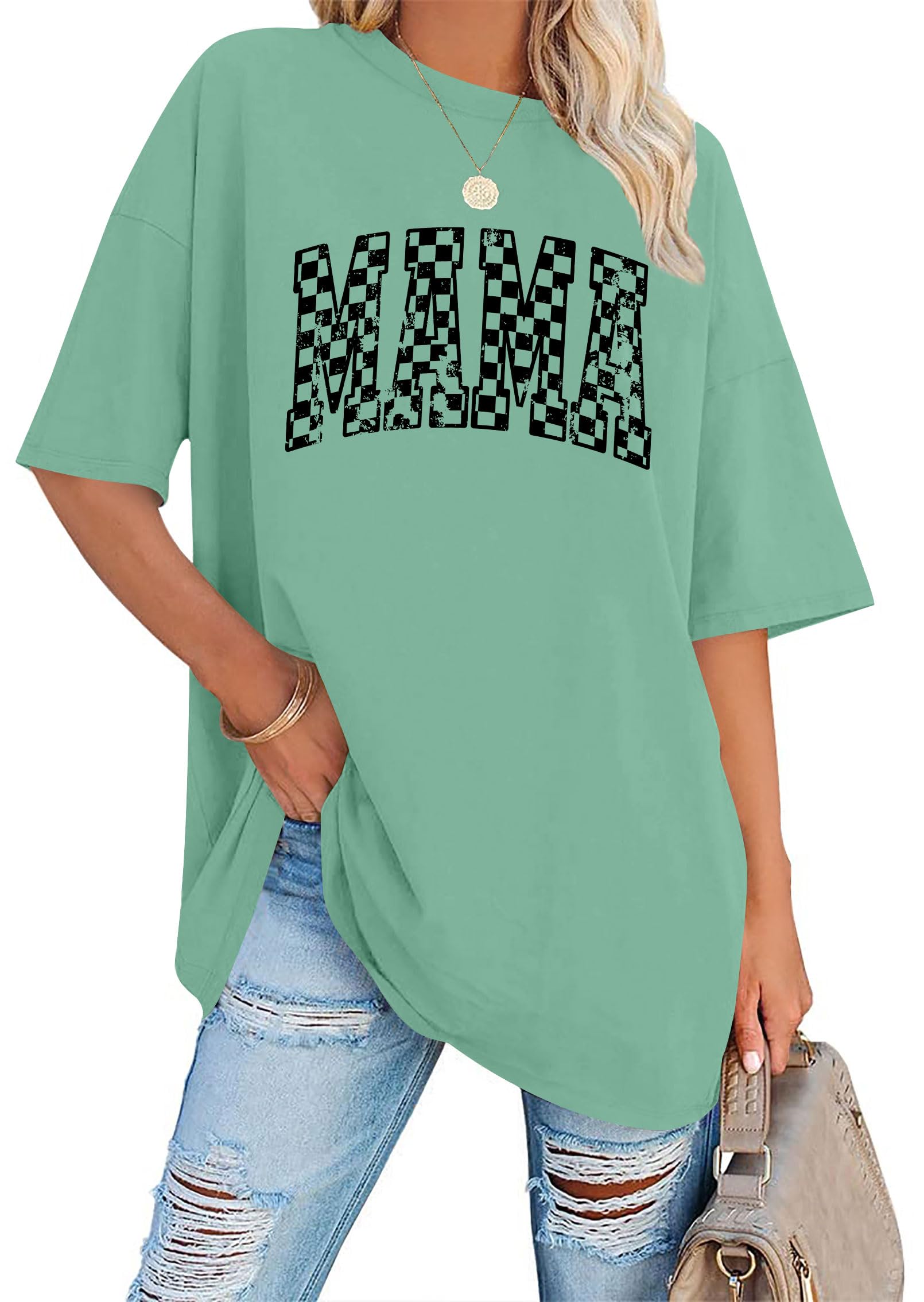 LAZYCHILD Oversized Mama Shirts for Women: Mom Oversized Graphic Tshirts Checkered Mama Short Sleeve Tops