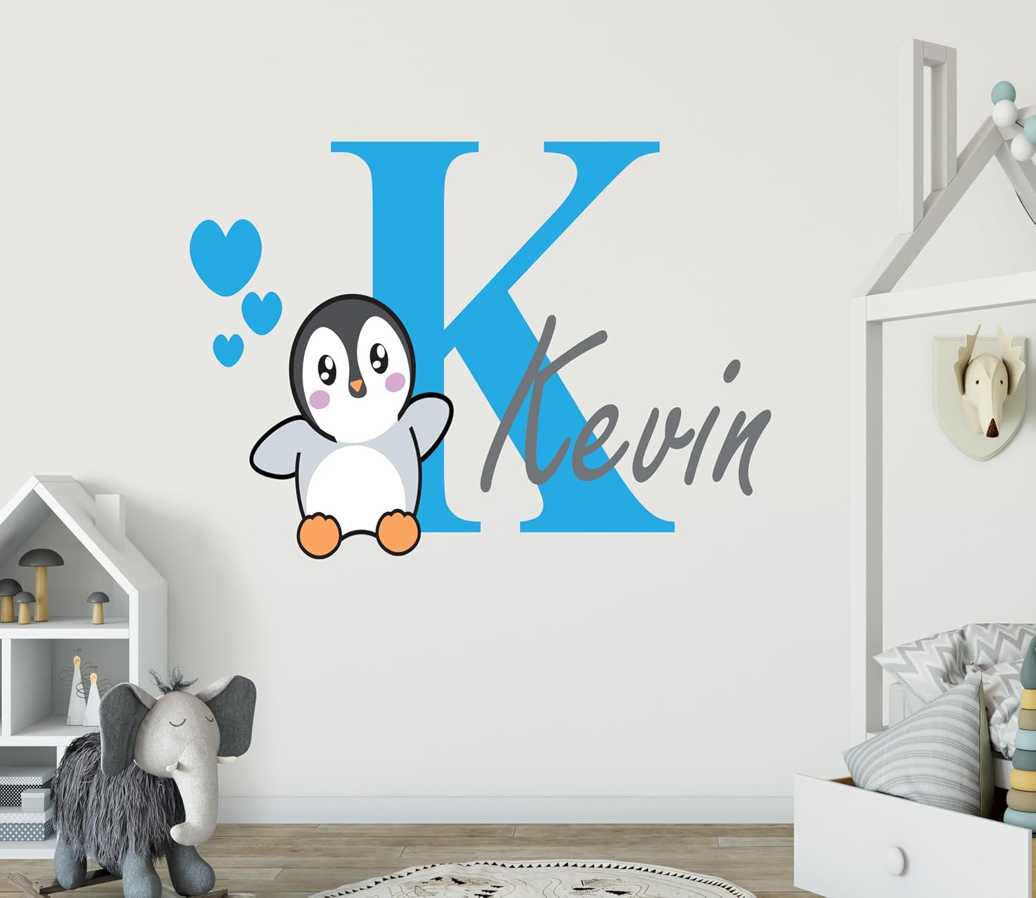 Love Penguin Custom Name - Personalize Penguin Name Wall Art - Unisex Wall Decal for Nursery Playroom Bedroom Decoration (Wide 30x17 inch Height)