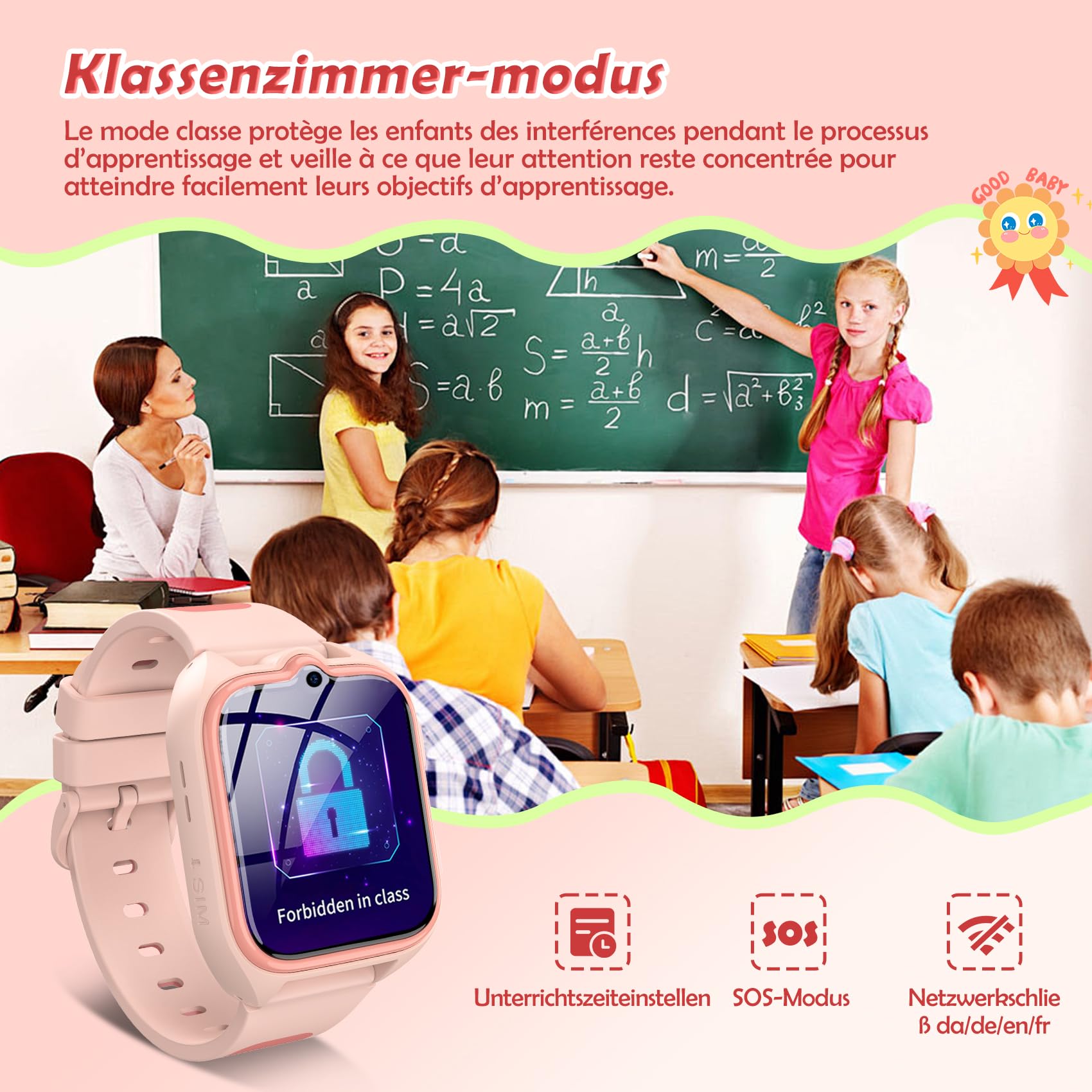 4G Montre Connectée Enfant avec Appel Vidéo et GPS, Compatible Nano SIM, Messages Vocaux, SOS, Mode École, Lampe Torche, Étanche IP67, Podomètre, 2 Modes de Port, Android iOS, pour Filles 4-12 Ans