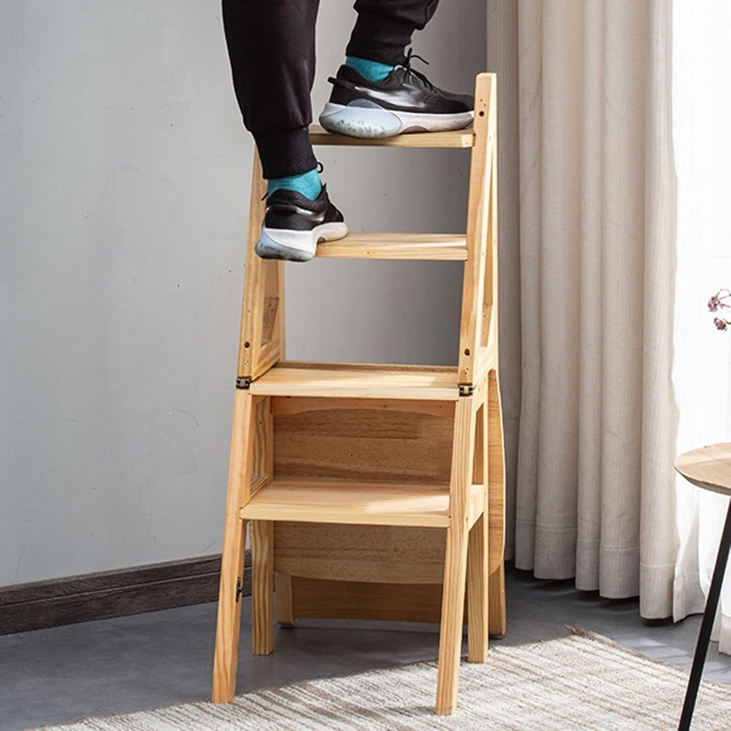 Wooden 4 Step Ladder Chair Multifunction Wood Ladder Stool for Kitchen Office and Library Transforming Folding