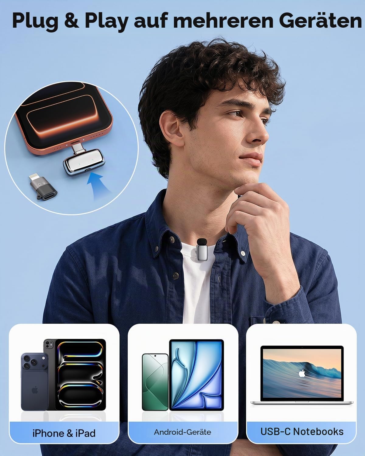 zealsound Mini Kabelloses Lavalier Mikrofon für Handy, iPhone & Android, mit Geräuschunterdrückung, Mute & Hall, 33H Laufzeit, 100m Reichweite, Ansteckmikrofon für Vlog, Streaming, Podcast, M6