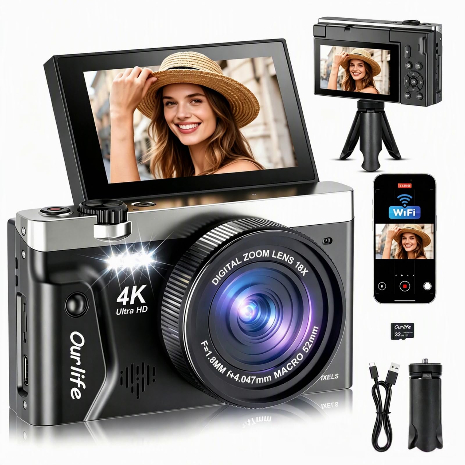 Ourlife Appareil Photo Numérique 4K 75MP pour la Photographie avec Trépied