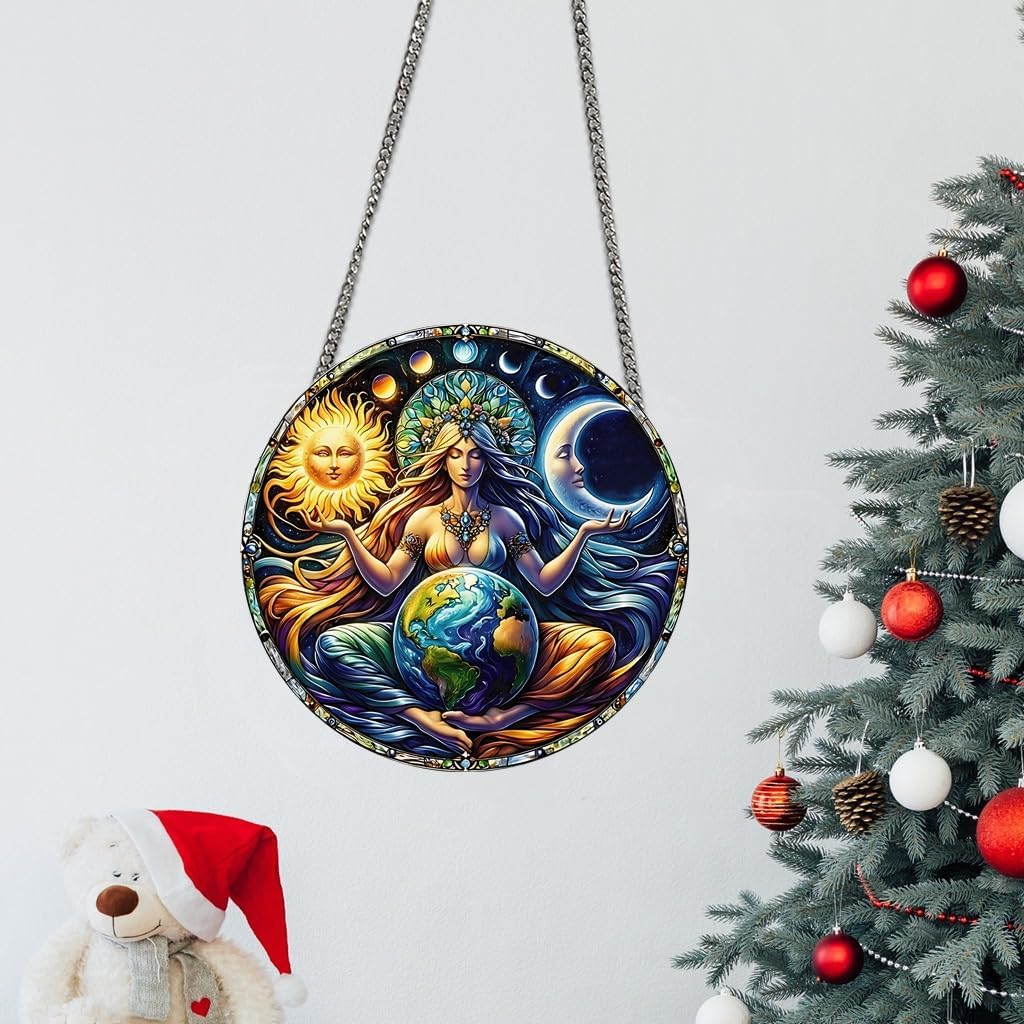 Universe Goddess Earth Sun Moon Acrylic Window Hanging Stained Suncatchers for Window Acrylic Panels Bedroom Garden Kitchen Wall Decoration Gifts for Women Mom Grandma Teacher