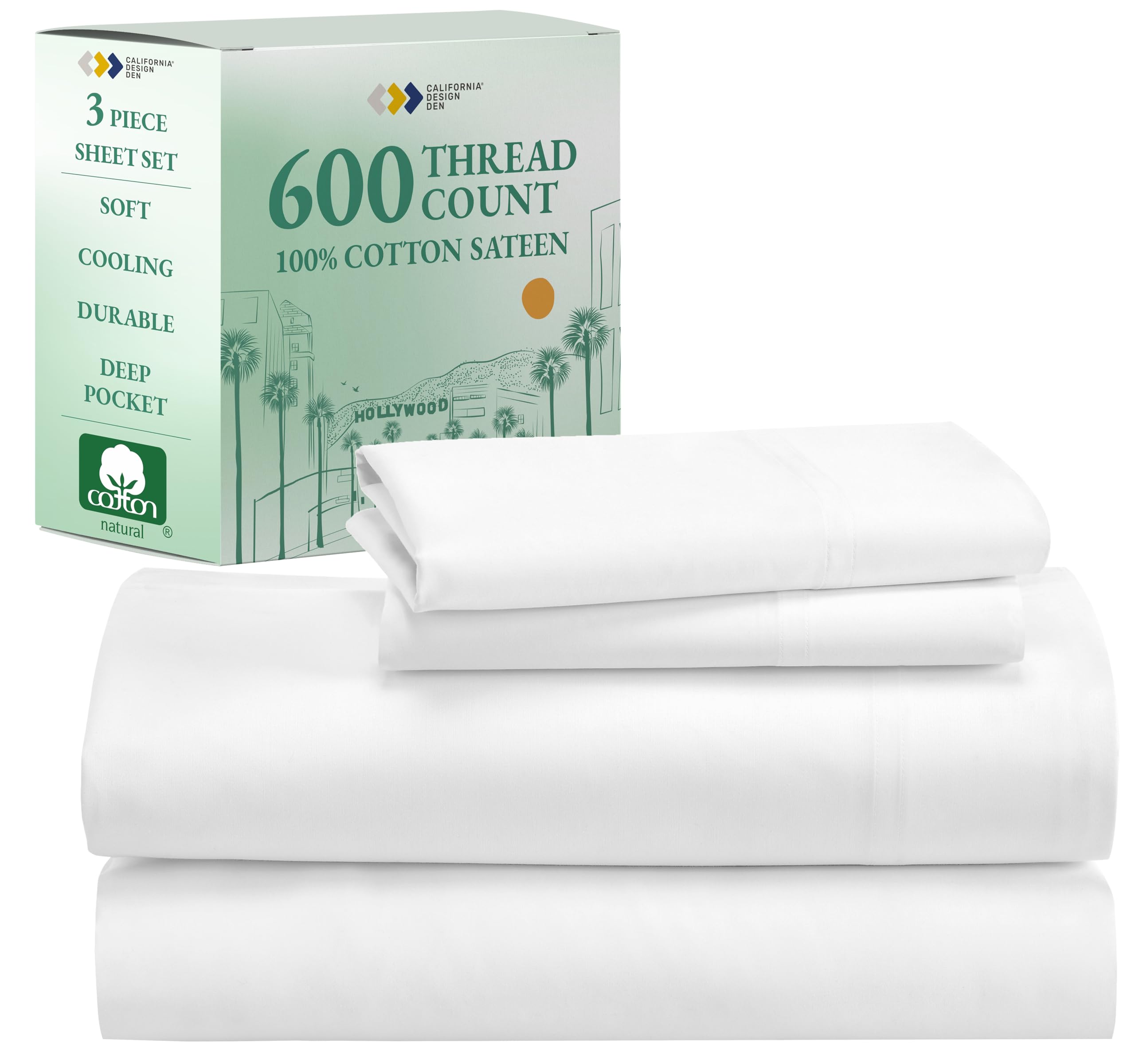 California Design Den - 5 Star Hotel Quality Twin XL Sheet Set 100% Cotton Sheets, 600 Thread Count, Deep Pocket, Snug Fit, Soft, Crisp XL Twin Sheets, Sateen Weave,Twin XL Sheets(Seafoam)