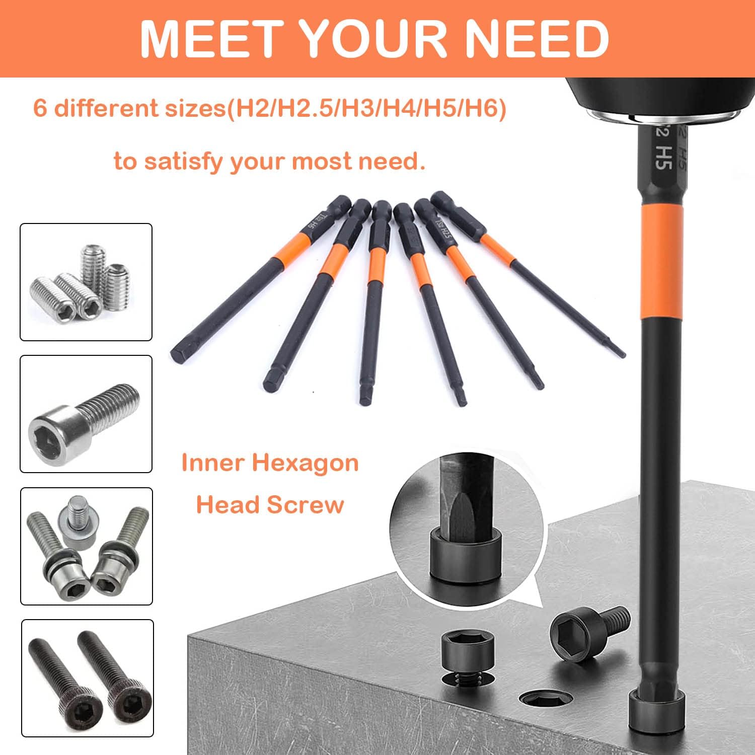 JONMON Magnetic Hex Allen Wrench Screwdriver Bits Set - H2-H6 Quick Change S2 Steel Impact Drill Bits, 1/4 Inch Shank, 3.93 Inch Length for Power and Hand Tools